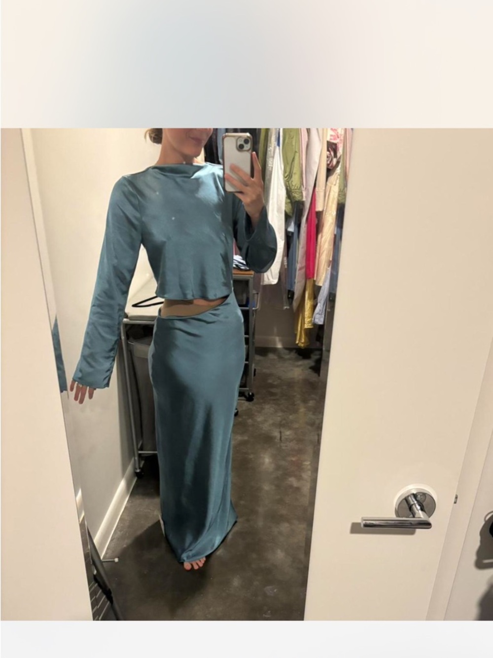ASOS Teal Satin Maxi Dress with Long Sleeves